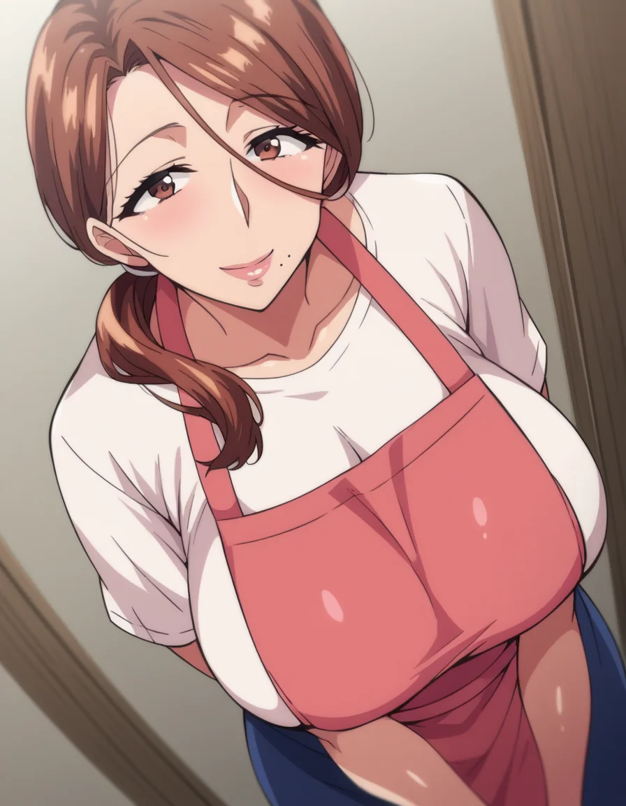 score_9, score_8_up, score_7_up, source_anime,
yumikokimura, <lora:yumiko-kimura-ova-ponyxl-lora-nochekaiser:1>,
yumiko kimura, long hair, brown eyes, mole, huge breasts, mole under mouth, mature female,
skirt, brown hair, apron, shirt, white shirt, pink apron, blue skirt, ponytail, hair over shoulder,
indoors, bent over, smile,
cowboy shot, looking at viewer, solo, dutch angle,