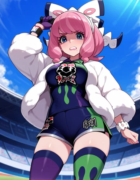 masterpiece, best quality, amazing quality,  very aesthetic, absurdres,  newest, detailed background, 4k, 8k, outdoors, 
klaraxd, 1girl, pink hair, shorts, solo, gloves, mole under mouth, teeth, thighhighs, clenched teeth, single glove, mole, shirt, breasts, jacket, dynamax band, blue eyes, pink lips, white jacket, fur coat, bangs, bracelet, makeup, arm up, jewelry, eyelashes, clenched hand, mismatched legwear, looking at viewer, bow, asymmetrical legwear
 <lora:Klara_-_Pokemon_Illustrious:1>