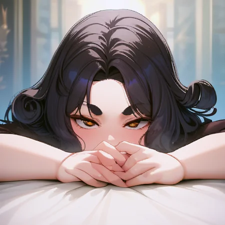 anime, best quality, (masterpiece:1.4), (high quality:1.4), sharp focus, 4k, absurd resolution, detailed hands, curly hair, long hair, black hair, pale skin, 1girl, mature female, smug, (parted hair), (round face), (no bangs), (solo), <lora:ETO_OC_XL:0.5>, looking at viewer, hazel eyes, (kissing), thick eyebrows,