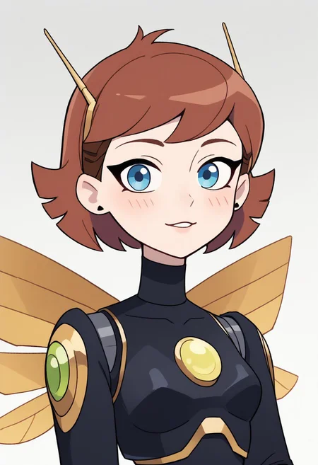 score_9, score_8_up, score_7_up, source_cartoon, rating_explicit, Expressiveh, janet van dyne, short hair, brown hair, multicolored hair, blue eyes, cute doodle, Robot girl, Mecha, Android, mechanical limbs, robot joints, metal skin, armor, shiny eyes, (pale skin), black choker, insect wings, robot wings, mechanical wings, Looking at viewer, close-up shot,
