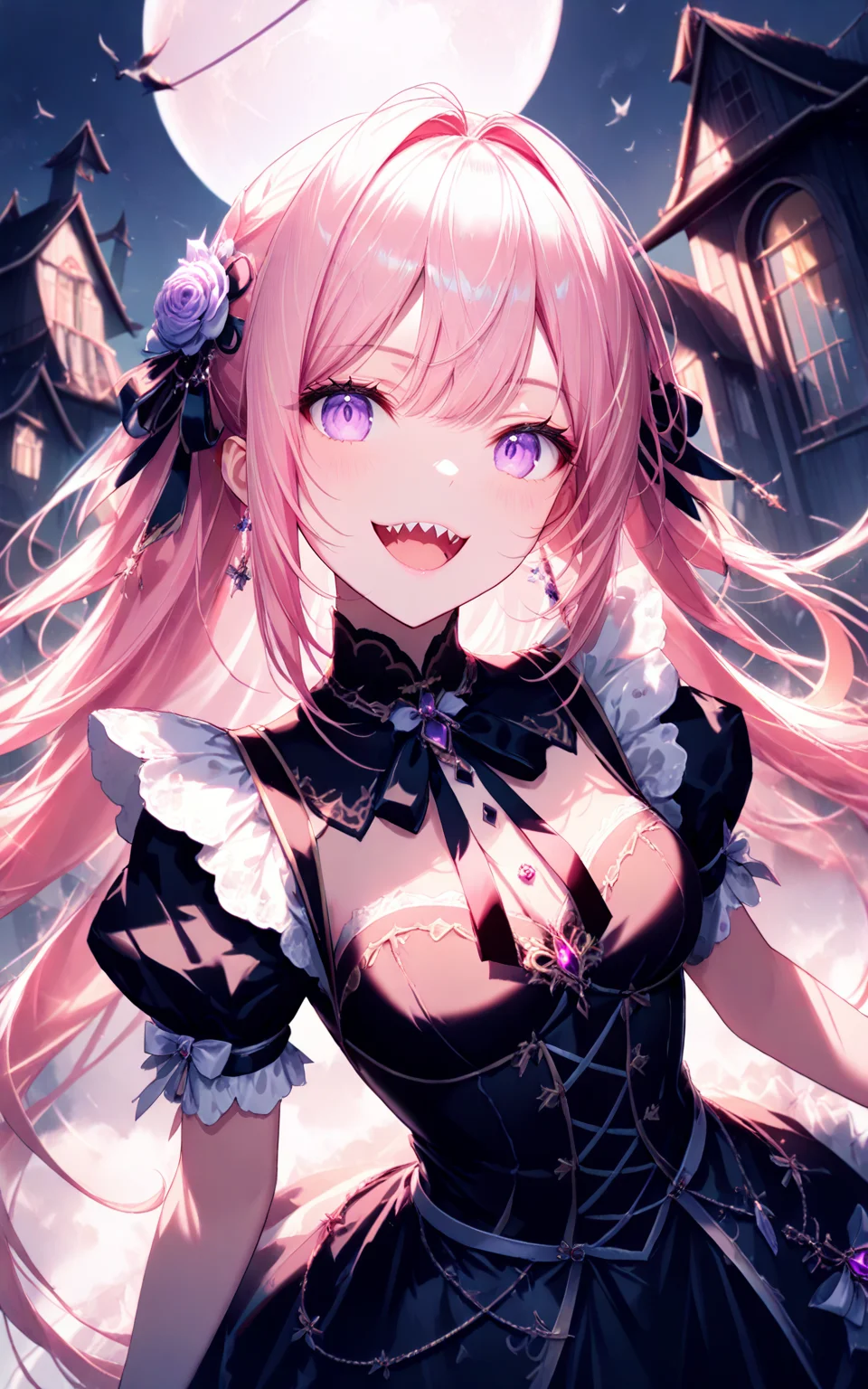 cowboy_shot,dutch angle,civchan,pink hair,purple eyes,creepy girl,glowing eyes,sinister smile,sharp teeth,(cat_pose),evil grin,gothic,eerie cemetery,night mist,horror lighting,black dress,dramatic eye focus,spooky expression,realistic face,pale skin,long flowing hair,ultra-detailed,(masterpiece:2),(best quality:1.1),Cinematic Lighting,(illustration, 8k CG, extremely detailed),<lora:civichan-base-01-XL:0.9>,<lora:detailed_notrigger:1>,<lora:xl_more_art-full_v1:0.8>,