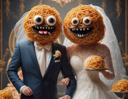 a monster made of spaghetti wearing groom suit and a meatball wearing wedding veil, anthropomorphic, glamorous detailed wedding background food, digital 3d cartoon illustration style,