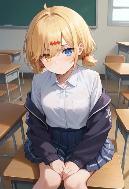 score_9, score_8_up, score_7_up, source_anime, BREAK
sitting, blonde hair, heterochromia, blue eyes, yellow eyes, rise, short hair, short twintails, hairclip, jacket, pleated skirt, school desk, white shirt