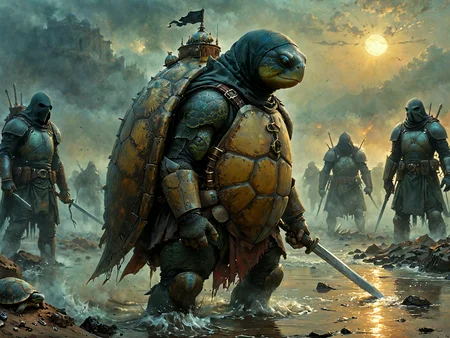 steampunk style, Professional photography. 

A turtle preparing for battle. Wearing a hood.

<lora:OMG-Is-DucHaiten_v1.0:1.0>
<lora:sdxl_lora_beksinski-000018:0.2> digital artwork by Beksinski 
<lora:The_Dark_Side_of_the_Earth:0.2>