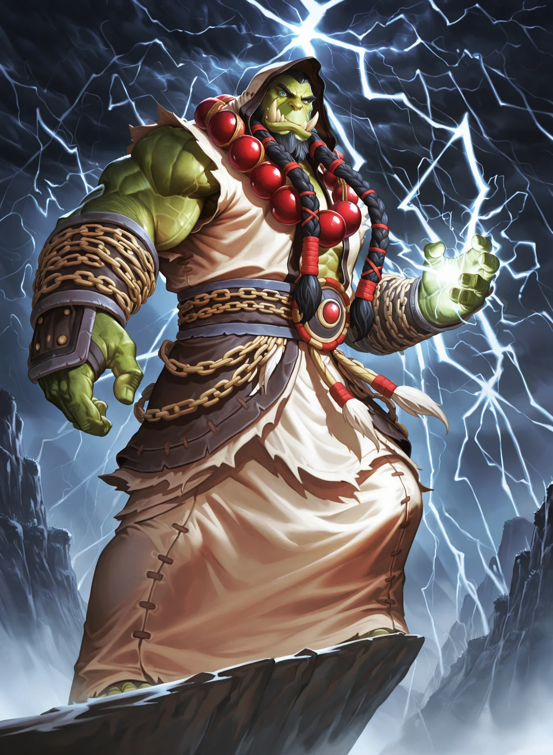 zPDXL2,general,masterpiece,best quality,amazing quality,(side view:0.5),male focus,cliff,storm,1boy,solo,
thra11,mature male,black hair,green skin,eyebrows,braid,facial hair,red hair rope,hood,prayer beads,blue eyes,robe,wrist guard,waistband,tusks,
standing,(fighting_stance:0.5),casting spell,detailed light,(lightning in hand),lightning surrounds,(lightning chain),posing,looking_at_viewer,muscular,
<lora:NOOB_vp1_detailer_by_volnovik_v1:1>,<lora:zoroj:0.3>,<lora:Rokudenashi_Style_V1_ILXL:0.2>,<lora:Thrall_IL:1>,