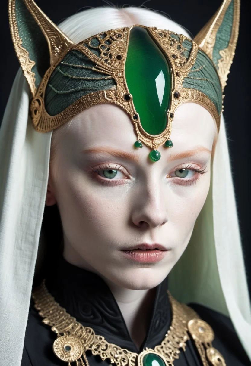 Close-up photo of anubis, the Egyptian Pale skinned freckled Albino redhead nun of Death, wearing a HR Giger inspired linen armored hanfu and a detailed, ornate crown that glows with a translucent dark-green high voltage gemstone with Electrical sparks and lightning flashes, deep blacks, atmospheric haze, shrouded DARK Background, Film grain, very detailed, simple, Gradient,, atmospheric haze, Film grain, cinematic film still, shallow depth of field, highly detailed, high budget, cinemascope, moody, epic, OverallDetail, 2000s vintage RAW photo, photorealistic, candid camera, color graded cinematic, eye catchlights, atmospheric lighting, imperfections, natural, shallow dof