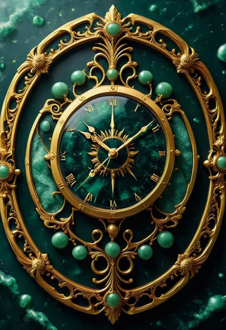 made from jade and obsidian, jade, obsidian,score_9, score_8_up, score_7_up, expensive looking, clock, golden clockhandsб golden metal pattern (mtlartCE_style)