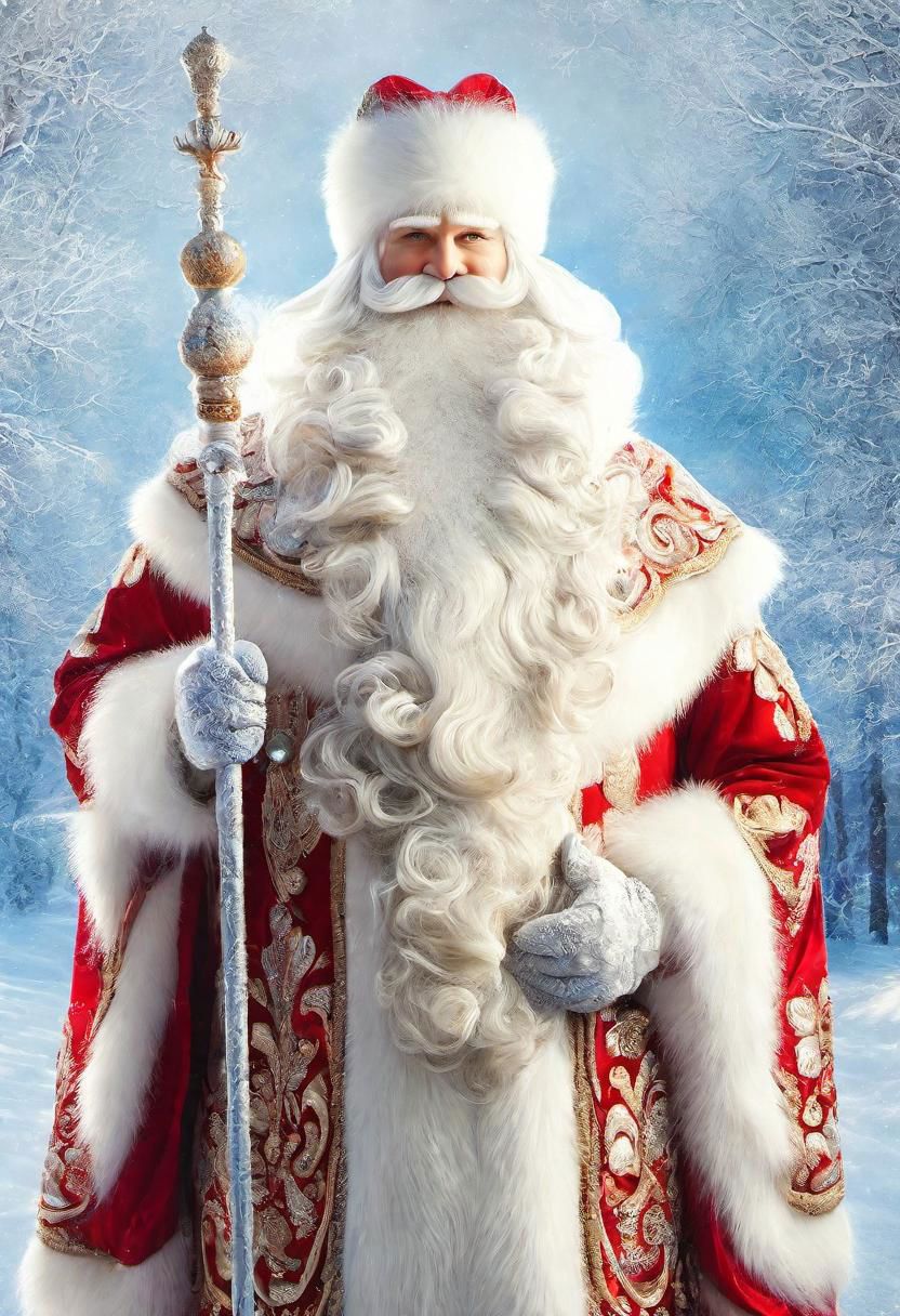 ((best quality)), ((masterpiece)), detailed soft oil painting, detailed background, soft edge lighting, professional, ultra quality, 4k,(masteriece, best quality, 8k, ultra highres, highres:1.4), extremely detailed, 
((a strong man of 60 years old with a long snow-white beard in the image of Russian, slavic Ded Moroz)) 
(standing:2) (full body photo:2) in the snowy forest, 
stands in a snowy forest among snow-covered fir trees, 
in a white fur coat trimmed with swan down or sable fur, embroidered with traditional Russian ornaments in silver - stars, crosses, geese, drawing in the style of oil painting, medium brush strokes, khokhloma style, slavic style, 
On the head is a traditional white warm boyar hat in the shape of a semi-oval, decorated with traditional Russian silver and pearl embroidery, trimmed with swan's down.
on her hands are huge white three-fingered mittens, decorated with traditional Russian silver embroidery.
The fur coat is tied with a white sash, embroidered with traditional Russian patterns.
On his feet are exclusively white felt boots embroidered with silver.
(((With his right hand he holds a long magical crystal staff with a twisted handle. The staff is decorated with a moon and a bull's head))). 
looks at the viewer, cheerful calm kind look, kind smile, cheeks red from frost, 
winter, a bright sunny frosty day, fluffy Christmas trees in snow, snow sparkles under the rays of the sun,
 by Viktor Vasnetsov, by Vasily Surikov