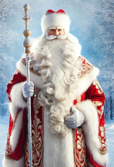 ((best quality)), ((masterpiece)), detailed soft oil painting, detailed background, soft edge lighting, professional, ultra quality, 4k,(masteriece, best quality, 8k, ultra highres, highres:1.4), extremely detailed, 
((a strong man of 60 years old with a long snow-white beard in the image of Russian, slavic Ded Moroz)) 
(standing:2) (full body photo:2) in the snowy forest, 
stands in a snowy forest among snow-covered fir trees, 
in a white fur coat trimmed with swan down or sable fur, embroidered with traditional Russian ornaments in silver - stars, crosses, geese, drawing in the style of oil painting, medium brush strokes, khokhloma style, slavic style, 
On the head is a traditional white warm boyar hat in the shape of a semi-oval, decorated with traditional Russian silver and pearl embroidery, trimmed with swan's down.
on her hands are huge white three-fingered mittens, decorated with traditional Russian silver embroidery.
The fur coat is tied with a white sash, embroidered with traditional Russian patterns.
On his feet are exclusively white felt boots embroidered with silver.
(((With his right hand he holds a long magical crystal staff with a twisted handle. The staff is decorated with a moon and a bull's head))). 
looks at the viewer, cheerful calm kind look, kind smile, cheeks red from frost, 
winter, a bright sunny frosty day, fluffy Christmas trees in snow, snow sparkles under the rays of the sun,
 by Viktor Vasnetsov, by Vasily Surikov