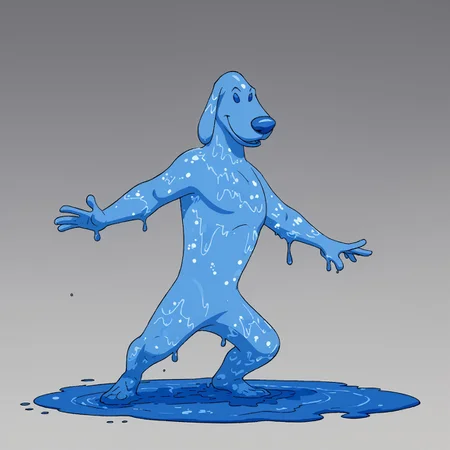 simple background, Liquidator, no humans, solo, 1 boy, liquid body, blue skin, see-through body, dark blue eyes, water body, bubbles in body, water dog, dog, furry, water elemental, solid blue eyes, translucent skin, puddle feet, full body