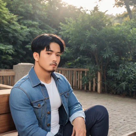 a man using denim jacket, white shirt, and jeans sitting on park, asian man, torithor (1boy, bara, short hair, black hair, brown eyes, facial hair), upper body, perfection style, perfection, perfect