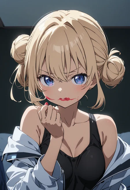 1girl,solo,anime,side bun,jacket_removed,<lora:smeared lipstick_XL_bx-v1.02:1>,smeared lipstick,
masterpiece,best quality,great quality,absurdres,