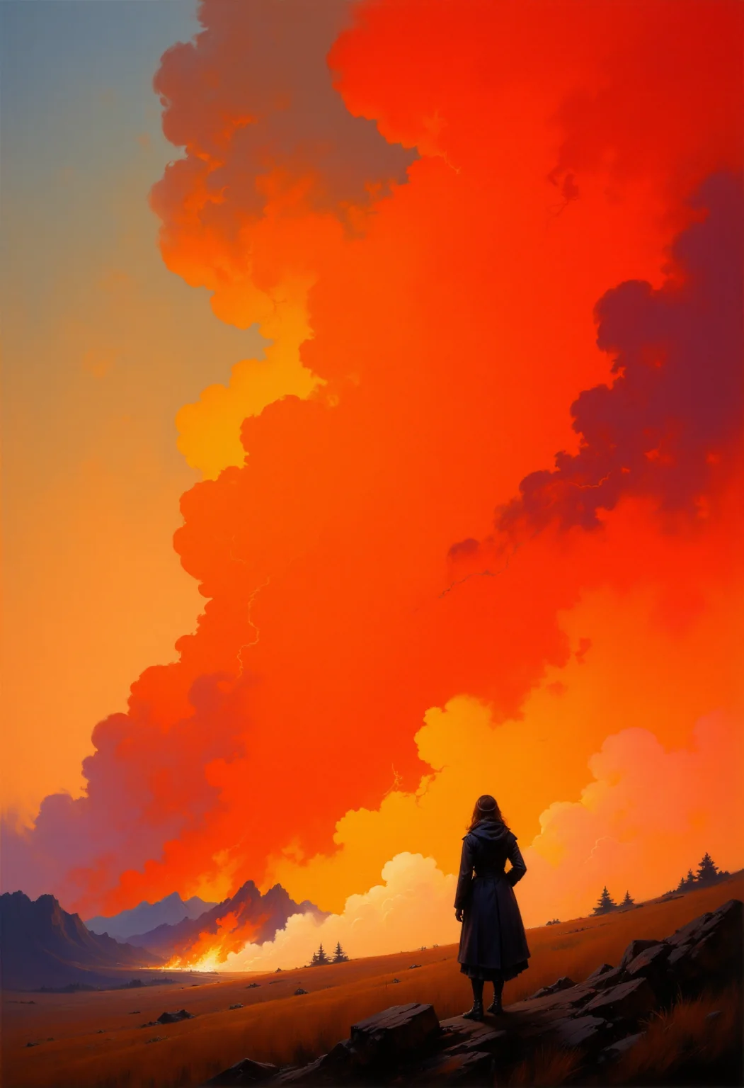 A beautiful expressive painting.
This image is a highly detailed, vividly colored digital painting depicting a dramatic wildfire. The painting, likely created using digital illustration software, features a massive, fiery red-orange cloud of smoke towering over a barren, rocky landscape. The sky is almost completely painted in an intense orange red tone of the fire, smoke and cloud. Only a small part of the sky in the upper left corner of the image is a muted gray, contrasting sharply with the intense orange red of the wildfire. In the foreground, a lone female figure in a long, dark coat stands with her back to the viewer, gazing at the fire. The figure is silhouetted against the bright sky, adding a sense of scale and isolation. The lighting is natural. The background is in focus, showing a distant, dark mountain range and a few small, indistinct huts burning in the fire. The painting's style is realistic with a highly surreal touch and an emphasis on dramatic lighting and vivid colors. The aesthetic quality of the image is very high, with excellent use of contrast and detail. The artist's technique showcases a mastery of digital painting, with smooth textures and dynamic composition.
<lora:articp01_epoch_13:1>