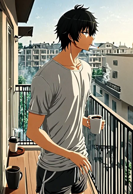 high resolution, solo, best quality, 1Boy, Seiya Kanie, black hair, short hair, thin, home balcony, morning, cigarette, coffee, t-shirt, shorts, looking away, OverallDetail
