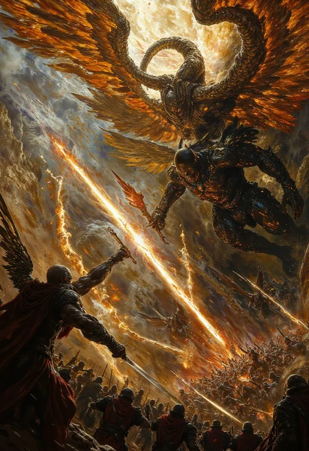 A grand, dramatic scene in the style of Gustave Dore, illustrating the War in Heaven from Paradise Lost. The scene is filled with celestial chaos, as angels in battle take to the skies, their majestic wings outstretched, clashing against the forces of Satan and his fallen legions. Archangels, glowing with divine light, wield swords of brilliant fire, their faces resolute and filled with righteous fury. Satan, in his dark, imposing form, leads the rebellion, his wings blackened and torn, surrounded by his legion of fallen angels, each figure twisted with defiance and malice. The sky above is a tumult of swirling storm clouds and flashes of divine lightning, casting dramatic light and deep shadows over the celestial battlefield. Dore’s signature use of intricate linework and stark contrasts creates a sense of immense scale and power, with divine light illuminating the heroic figures of the faithful angels and shadows engulfing the forces of rebellion. The cosmic battle between good and evil is captured with deep emotion and intensity, emphasizing the grandeur and tragedy of this celestial war , moody light, by H.R Giger, 4k resolution digital art trending on Artstation and unreal engine 5, 8 <lora:Details:0.85> (elaborate fine details:1.1), (hyperdetailed:1.1), (intricate details:1.0), (Refined details:1.1), (best quality:1.1), (high resolution:1.2),