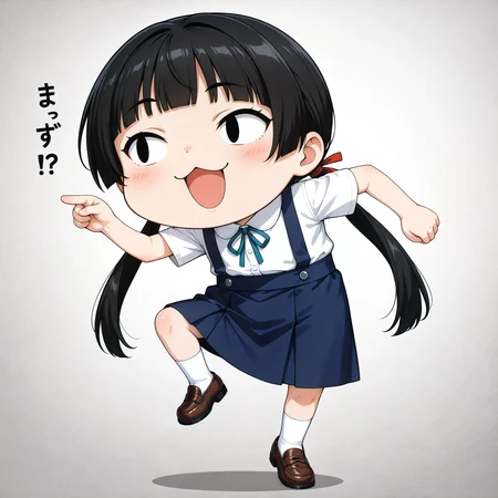 masterpiece, best quality, high quality, highres, absurdres, insanely detailed, amazing quality, very aesthetic, newest, Anime screencap, zPDXL3, sfw,
<lora:Hyper-SDXL-8steps-lora:1>, <lora:StS-Illustrious-Detail-Slider-v1.0:3>, <lora:illustriousXL_stabilizer_v1.7:0.8>,
1girl, black hair, bangs, Straight bangs, blunt bangs, hime cut, long hair, straight hair, low twintails, long pigtails, hair tie,
dress, blue dress, white blouse, neck ribbon, bule ribbon, suspenders, suspender skirt, white socks, shoes, Loafer,
<lora:genba_neko_like_IL_v1:1>
genba_neko,chibi,pointing,standing on one leg,:3,open mouth,meme,parody,simple background,white background,
onomatopoeia, sound effects, Japanese language, japanese text,