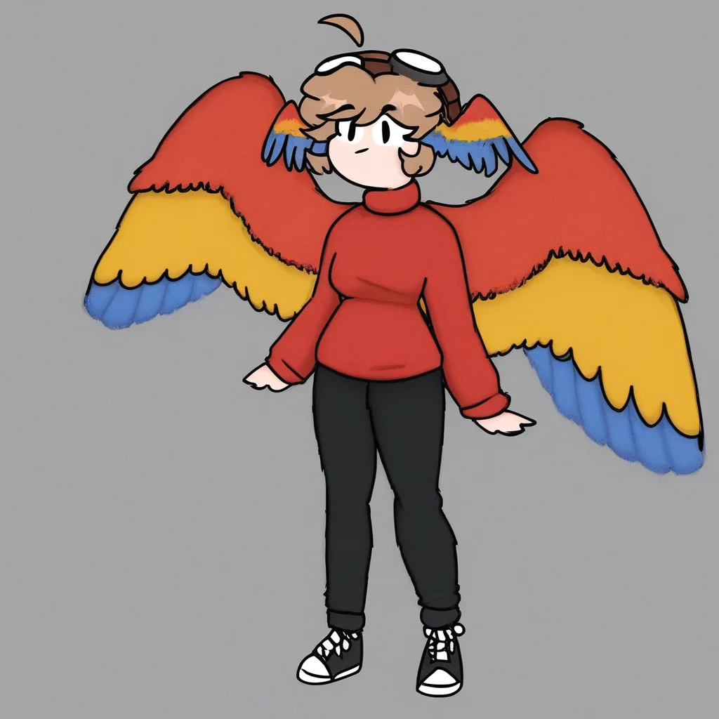 Grian, Female, parrot wings, wings, red sweater, light brown hair, black pants, black sneakers