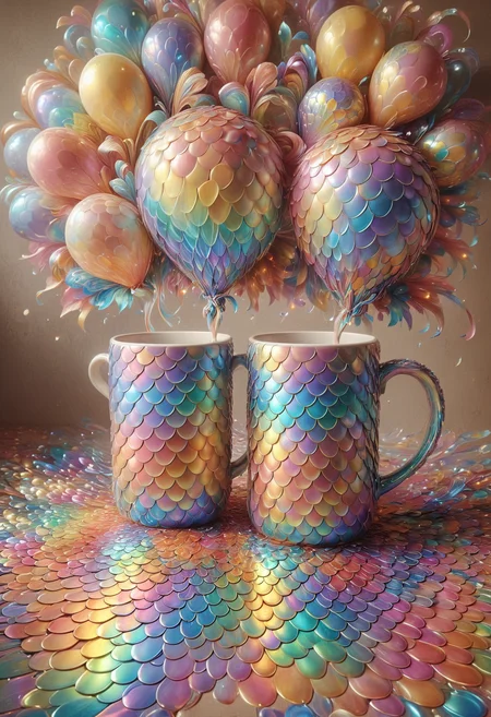 [designed by Tony DiTerlizzi and Louis Wain::3], Oil painting, Vector Art, A vibrant and intricate painting depicts a small, rustic travel mug with a floral pattern on the front. The mug is decorated with colorful balloons and streamers, while a couple sits in the background, taking pictures of their favorite destinations. dramatic lighting,ambient light, intricate artistic color, ambient atmosphere, vibrant, cinematic perfect intricate stunning fine detail, highly contrasted made out of iridescent scales, <lora:PinkieIriSclsSDXL-v1:1>, p1nk1r1sc4l3s,