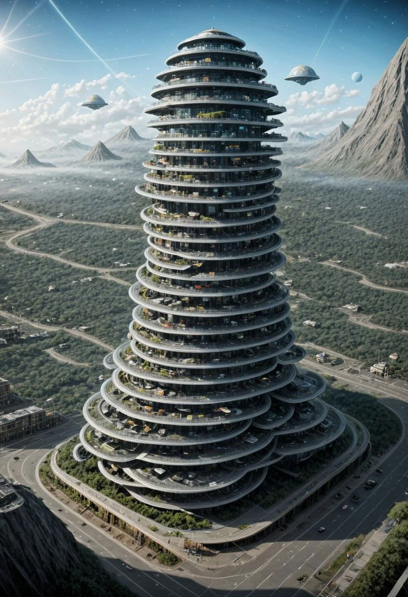 Future cities in glass domes, travel to alien colonies, colonial spaceships, detailed