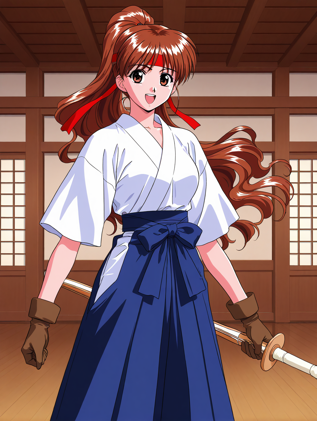 general,highres, ultra-detailed,very aesthetic,best quality ,best hands,  BREAK <lora:Toudou_Asuka_VIPER-V10_IS:1> Toudou_Asuka, 1girl, solo, long hair, brown hair, brown eyes, 1990s (style), medium breasts,
mask,
headband, skirt, sword, weapon, open mouth, japanese clothes, gloves, blue hakama, hakama skirt, smile, holding, 1990s (style), looking at viewer, ponytail, shinai, teeth,
Japanese, indoors,