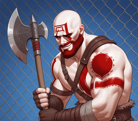 masterpiece, best quality, amazing quality, highres, absurdres, 
1boy, adult, solo, meme, 
blue background, chain-link fence, standing, character portrait, 
kratos \(god of war\), red face tattoo, ashen skin, beard, bald, muscular, 
<lora:George_Constanza_Baseball_Bat_Meme_Illustrious:1> costanza face, skeptical expression, narrowed eyes, smirk, holding object, looking afar, holding axe,
