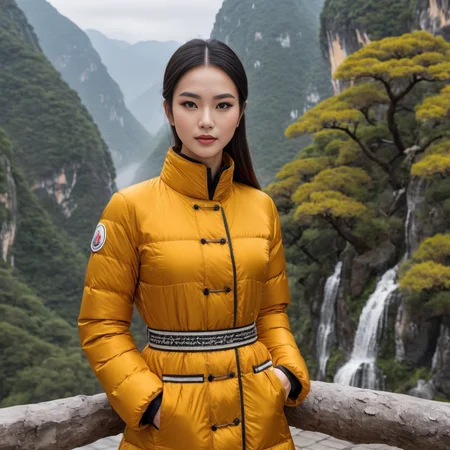 ((cute woman Shaolin Monks costume)) wearing a long knee length moncler_hermine jacket , hyperdetailed photography,4k textures,intricate details,4k resolution , <lora:moncler_hermine_v1_r2-000007:0.3>,