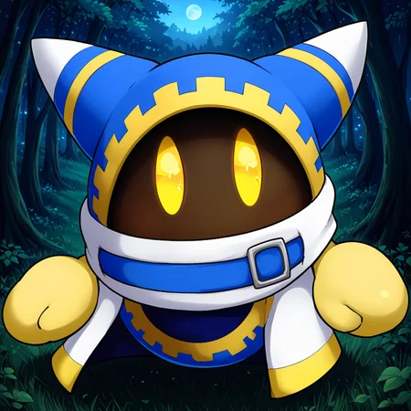 cute forest, <lora:Magolor:1> magolor, solo, yellow eyes, no humans, blue outfit, belt, cape, glowing eyes, looking at viewer, glowing, gloves, buckle, (anime, masterpiece, intricate:1.3), (best quality, hires textures, high detail:1.2), (4k),(incredibly detailed:1.4),UHD, 8K, ultra detailedâââ