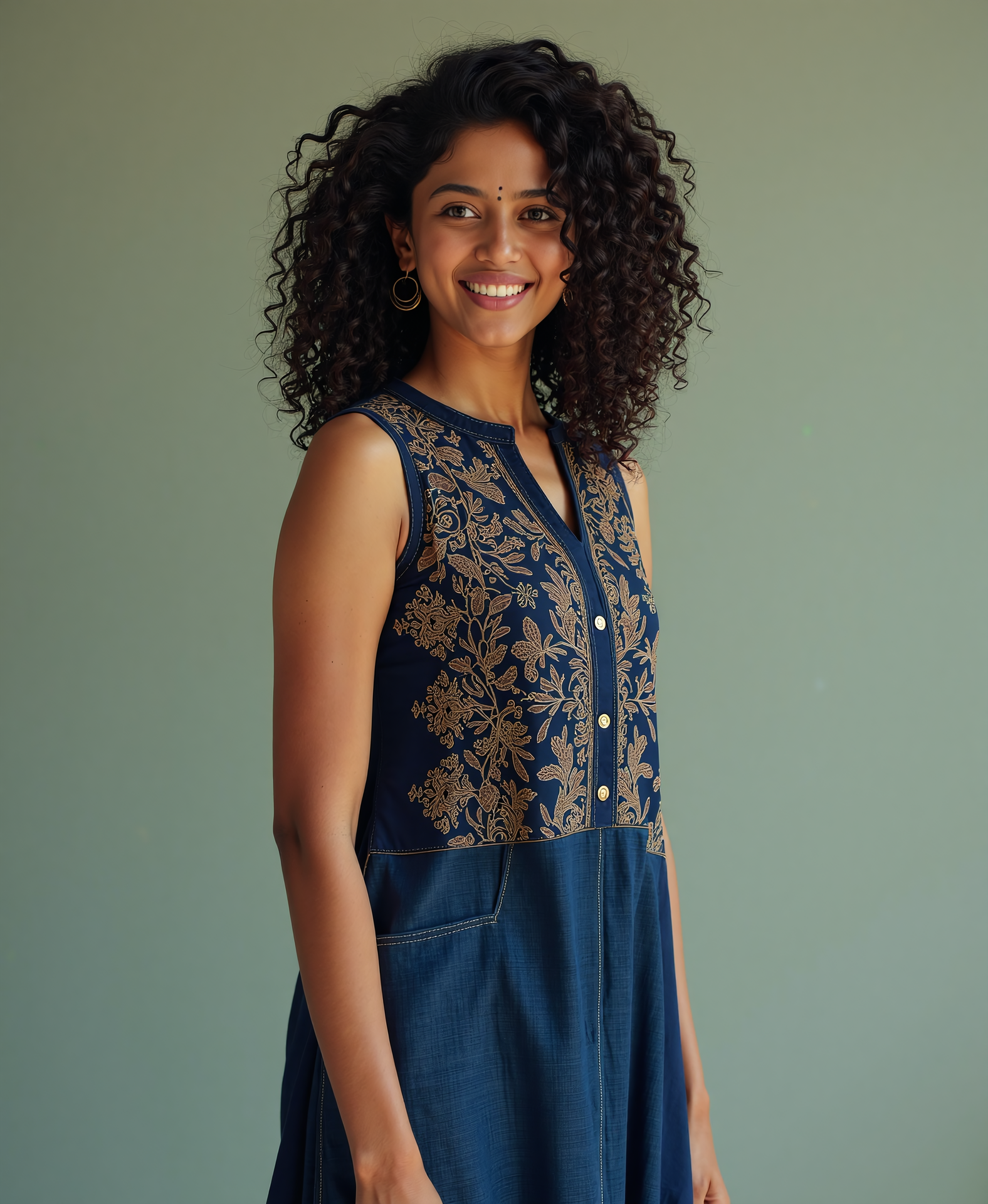 full body photo of d351 naak woman, hyper realistic photo that is safe for work, shouting, studio quality image with natural colors, well dressed wearing intricate sleeveless Navy kurta_with_Jeans, hair styled as  curls,muted pastel shaded multicolored background that contrasts with the person, cinematic lighting,ââ   <lora:d351 naak-Indian Upturned Nose-Flux-V1:0.8>âââ