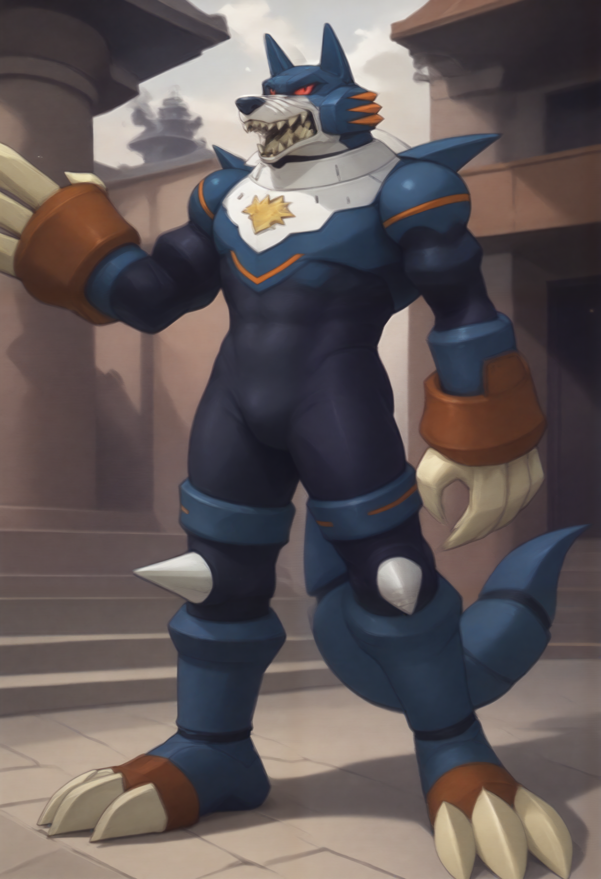 <lora:Wolf_Woods>, score_9, score_8_up, score_7_up, 8k, masterpiece, anthro only, furry only,1boy, w00ds, wolf boy, looking at viewer, full body, cool pose,  <lora:[Artstyle] SomethingWeird_Geekpower [PDXL]:0.5>