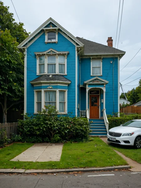 score_9,score_8_up,score_7_up, (v1ct0r14n:1), arched windows, bay windows, transom, small cornice, clapboard siding ,trim, ornate molding, columns on portico,  human scale, whole house in frame, tree,  power lines, telephone lines, car parked in front, circa 2025, fence, bushes, front view,  straight on,  short cornice, short architrave, white paint, clapboard siding, 2 floors, house,<lora:Victorian_House_Pony:1>