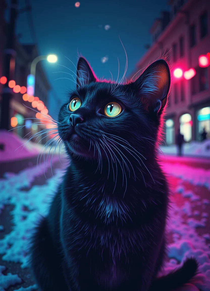 cinematic photo (extreme wide-angle fisheye camera:1.9), (black cat:1.1), winter night, snow, (neon line art:0.9), realistic . 35mm photograph, film, bokeh, professional, 4k, highly detailed