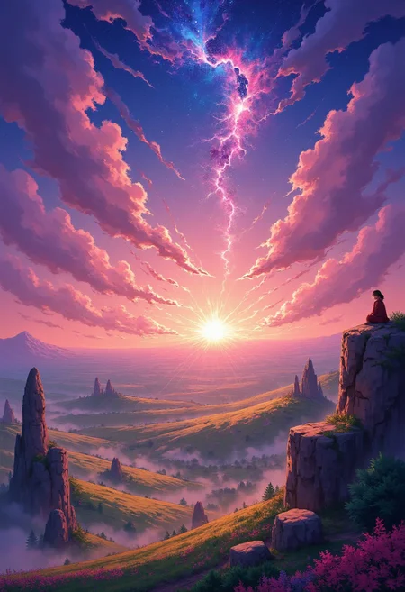 landscape of a (Celestial Plains of the Starry Fields:1.3) , Stone, hillside, Anime screencap, Islandpunk, side lit, Depth of field 100mm, Magenta background, intricate, , gold foil, cool colors, inspired, detailed, romantic, dynamic dramatic beautiful full taking, grand illumination, fine artistic composition,
aidmaIllustriousStyle