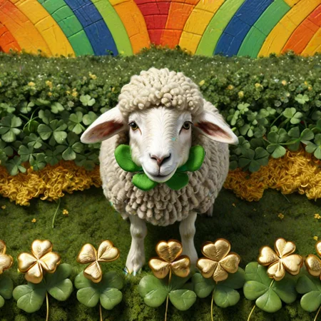 close-up of sheep grazing, detailed wool texture, four-leaf clover, pot of gold at the end of a rainbow, leprechaun hat, playful atmosphere, traditional Irish symbols, hyperrealistic, festive