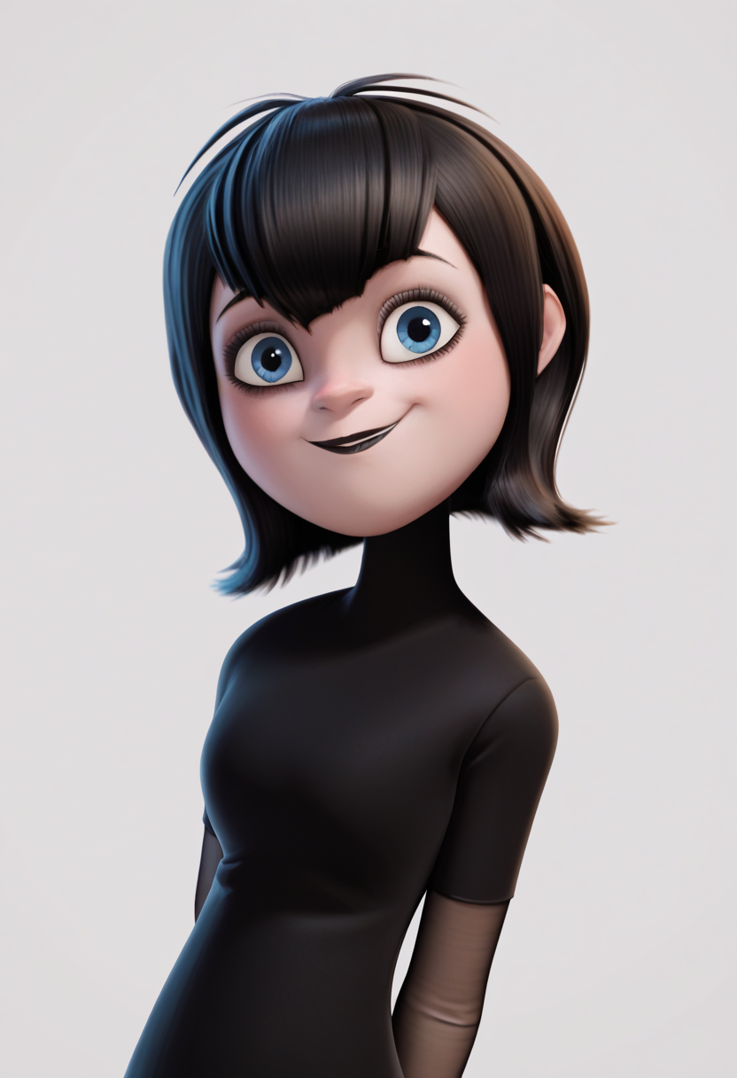 score_9, score_8_up, score_7_up, BREAK,
1girl, mavis, black hair, bangs, blue eyes, black lips,
black dress, bridal gauntlets, short sleeves,
arms behind back, upper body, smile,
looking at viewer, solo, simple background, white background <lora:MavisPDXL_byKonan:1>
