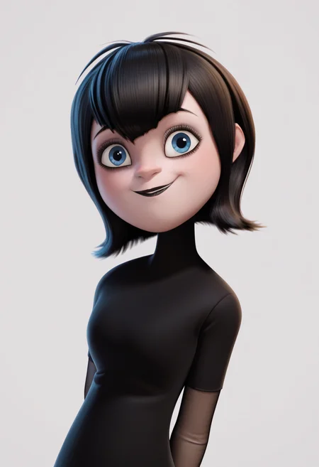 score_9, score_8_up, score_7_up, BREAK,
1girl, mavis, black hair, bangs, blue eyes, black lips,
black dress, bridal gauntlets, short sleeves,
arms behind back, upper body, smile,
looking at viewer, solo, simple background, white background <lora:MavisPDXL_byKonan:1>