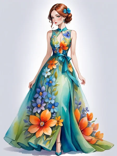 Watercolor painting beautiful woman wearing a long flower dress, <lora:xl_flower_dress-1.0:0.8> . Vibrant, beautiful, painterly, detailed, textural, artistic