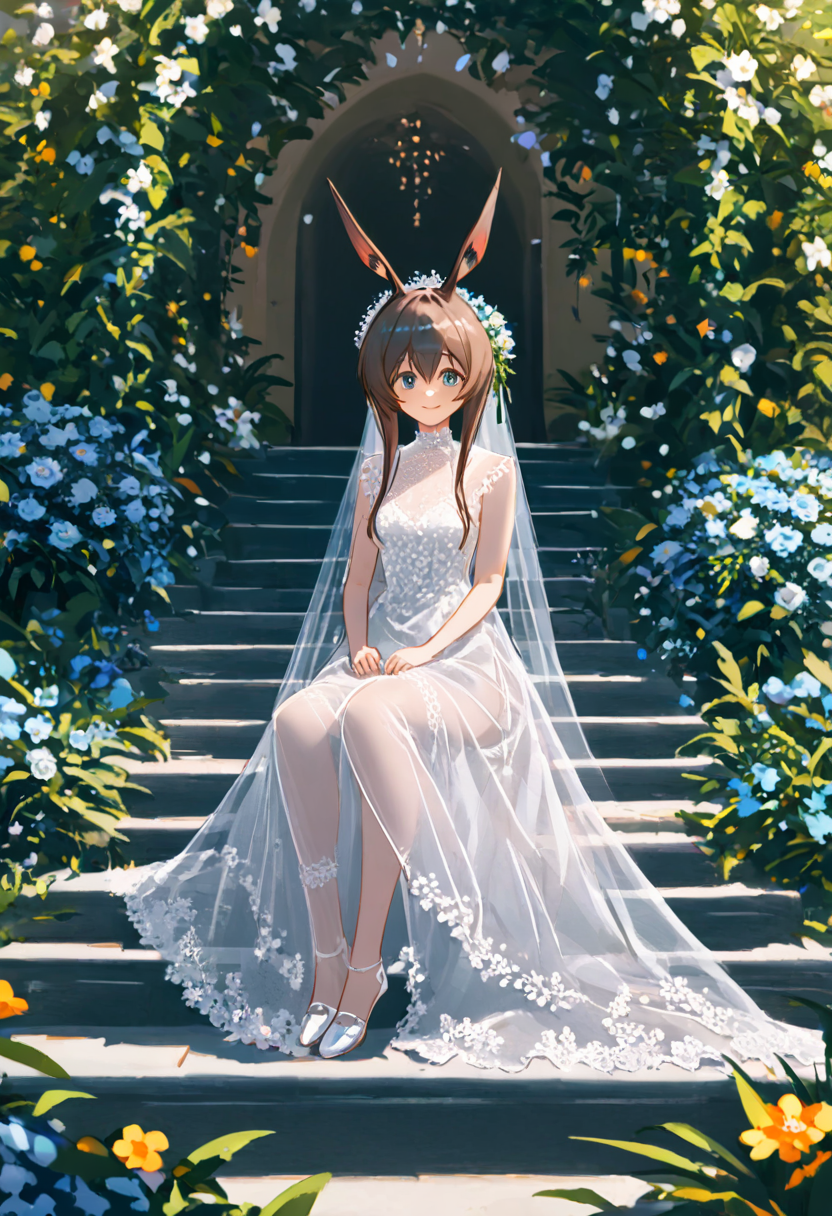 <lora:amiya_pro:1>,amiya(arknights),,maximalism,1girl,8k wallpaper,extremely detailed figure, amazing beauty,  detailed characters, {detailed background},cowboy shot,aestheticism,girl sitting on stairs in flower garden, wearing see-through airly lace embroidered wedding dress, slight smile, best quality, amazing quality, very aesthetic, absurdres
