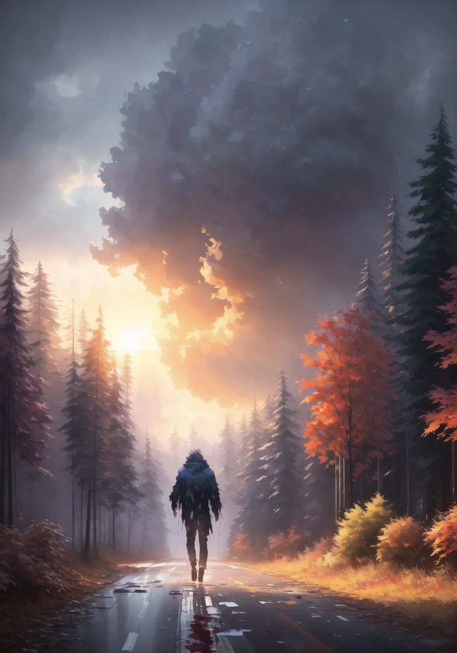 Style-Autumn, award winning nsfw erotic upper body portrait of [red riding hood:big bad wolf:10] wearing ((torn clothes)), (blood), with Ombre grey hairstyle with head in motion with hair billowing hair, (wind), standfing ((in a pine forest)), ((under trees)), storm with ((dark storm clouds)) and ((blowing leaves)), fluffy clouds in the sky, (paint splashes:1.3), (splatter:1.2), outrun, vaporware, shaded flat illustration, digital art, trending on artstation, highly detailed, fine detail, intricate, ((lens flare)), (backlighting), (bloom), [Style-Micro::30]