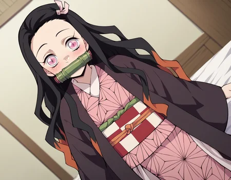 score_9, score_8_up, score_7_up, source_anime,
nezukokamado, <lora:nezuko-kamado-anime-ponyxl-lora-nochekaiser:1>,
nezuko kamado, black hair, forehead, hair ribbon, long hair, multicolored hair, pink eyes, orange hair, slit pupils, wavy hair, two-tone hair,
bamboo, bit gag, gag, gagged, asa no ha \(pattern\), checkered sash, haori, japanese clothes, kimono, long sleeves, obi, pink kimono, sash, wariza, wide sleeves,
indoors, bed, bed room, on side, blush, drunk,
solo, dutch angle, looking at viewer, cowboy shot,