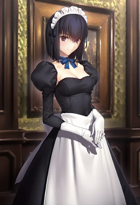 1girl, Kuonji ailce, questionable, black dress, blue ribbon, blush, bow, bowtie, choker, cleavage, elbow gloves, long sleeves, maid headdress, mole on breast, neck ribbon, own hands together, short sleeves, smile, solo, white apron, white gloves, solo, strapless leotard, masterpiece, best quality, 8k, absurdres, very aesthetic, takashi <lora:takeuchi_takashi:0.8> <lora:Kuonji_ailcev2:0.8>