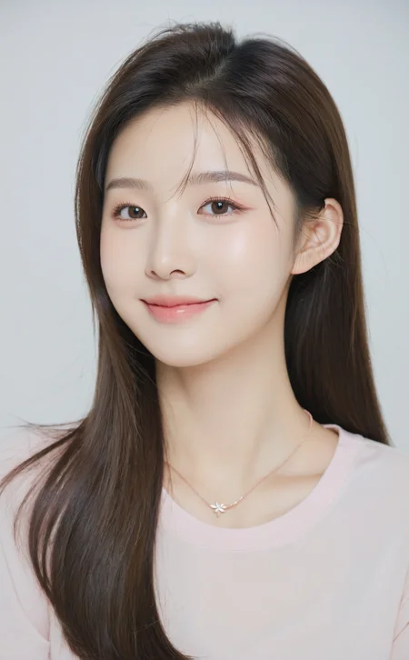 Realistic,korean girl portrait,upper body,long straight brown hair,black eyes,indoors,white background,wearing a pastel pink shirt,minimal jewelry,gentle smile,soft makeup focusing on aegyo sal,pure and youthful,