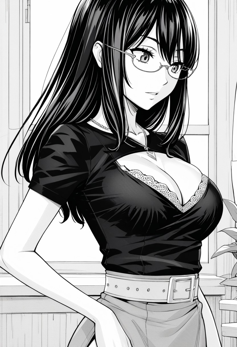 score_9, score_8_up, score_7_up, source_anime,(extremely detailed CG), (best quality),monochrome, greyscale,
1girl,glasses,necklace, shirt, short sleeves, bra peek, bra, cleavage cutout, cleavage, belt, high-waist skirt, side slit, Black hair,long hair,behind,