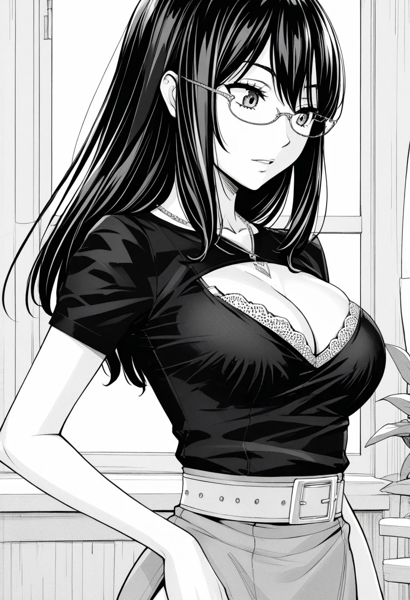 score_9, score_8_up, score_7_up, source_anime,(extremely detailed CG), (best quality),monochrome, greyscale,
1girl,glasses,necklace, shirt, short sleeves, bra peek, bra, cleavage cutout, cleavage, belt, high-waist skirt, side slit, Black hair,long hair,behind,