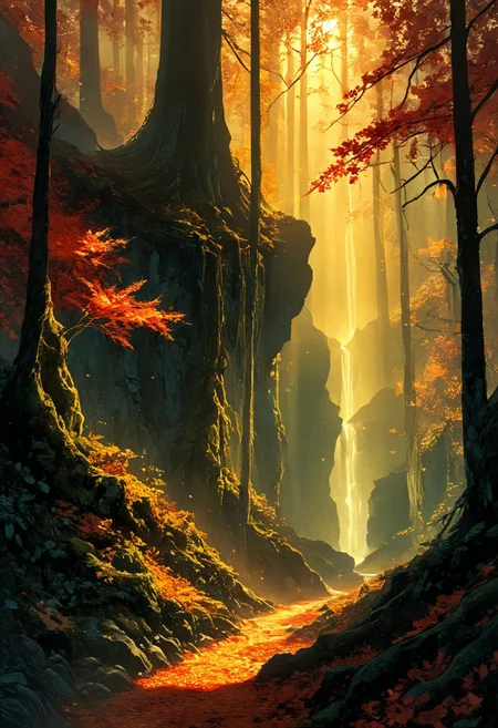 masterpiece, epic shadow, vivid colors, deep shadows, high contrast, absurdres, epic resolution, epic clarity, epic details, low angle, close up,fantasy landscape, ancient forest, gigantic oaks, old gnarled trees trunks, immense tree canopy dominating the infinite landscape, misty mountains at the horizon, valleys, waterfall, Sunbeams break through the canopy, casting ethereal light beams that highlight the timeless beauty ,The scene feels both ancient and alive, as though the trees are the guardians of the changing seasons. chiaroscuro, misty, golden light of dawn, magical whispering magic, mossy, glistening bark, cracked bark, transluscent autumn leaves, vines, yellow bioluminescent pollen dust catching the light, dreamcatcher, roots, branches, red leaves, ocre leaves, orange leaves, dark red leaves, misty forest, macro shot, chiaroscuro, god rays, Lushy misty fantasy forest in the background, backlit, glow hyper realistic, natural soft rim light, cinematic lighting, (sharp focus,absurdres,high quality,masterpiece,highres,best quality:1.5), ethereal landscapes, dynamic light, depth of field, biotech emotion: PEAnimeBG, Background, phtorealistic scenery, Magical Autumn. cyberpunk, aidma-niji