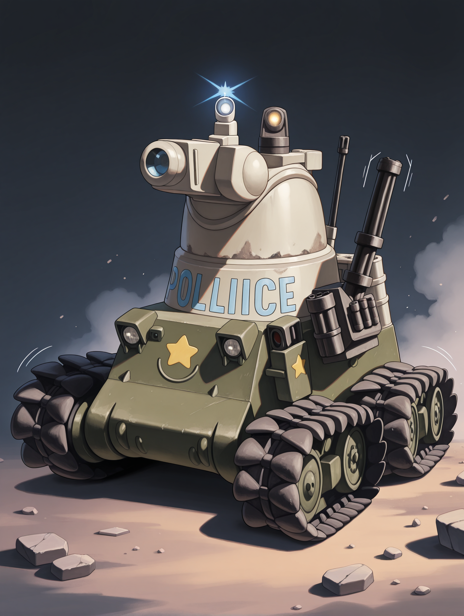 masterpiece,best quality,newest,
<lora:Fixhands_anime_bdsqlsz_V1:1>,<lora:IL_bonaparte_tank:1>,d_bn,bonaparte /(tank/),turret,cannon,minigun,smoke projector,left-air intake,star \(symbol\),police,emblem,caterpillar tracks,((motion_lines:1.2)),rubble_ruins,simple_background,no human,from_side,
