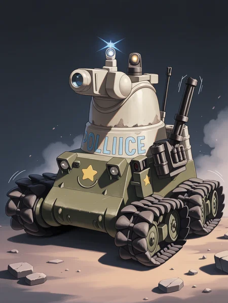 masterpiece,best quality,newest,
<lora:Fixhands_anime_bdsqlsz_V1:1>,<lora:IL_bonaparte_tank:1>,d_bn,bonaparte /(tank/),turret,cannon,minigun,smoke projector,left-air intake,star \(symbol\),police,emblem,caterpillar tracks,((motion_lines:1.2)),rubble_ruins,simple_background,no human,from_side,