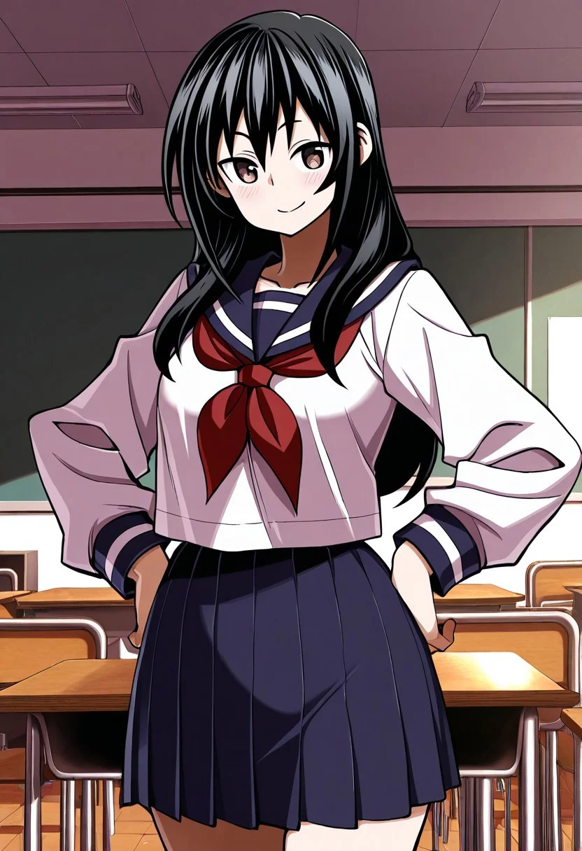 masterpiece, best quality, amazing quality, EmiSawatari, black hair, brown eyes, 1girl, solo, serafuku, skirt, classroom, indoors, hands on hips, cowboy shot, standing, looking at viewer, closed mouth, smile,