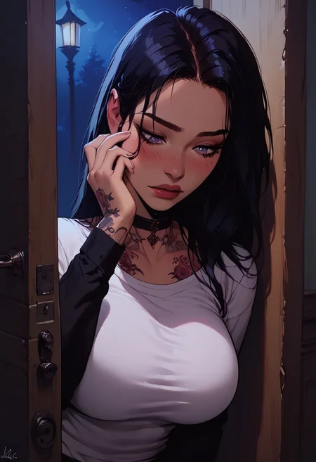 Score_9, Score8_up, Score_7_up, (((High Resolution, Best Quality))), 
1girl, solo, toned arms, Covered in Tattoos, neck tattoos, 
white shirt, long black sleeves, tight shirt, large breasts, choker, 
seducing, seductive, flirty, tender, loving, playful, (shy body language, sneaking in, looking down), (trying to hide face with hand, hand on face), (peeking out, hiding behind doorway),
inside, bedroom, at night, night, shadows, detailed shadows, midnight, unlit, 
cowboy shot,