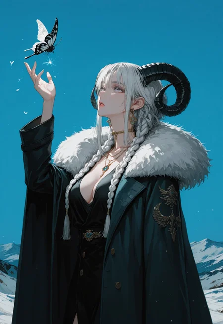 1girl, horns, bug, braid, butterfly, white hair, jewelry, solo, hand up, long hair, curled horns, long sleeves, looking up, parted lips, earrings, sky, blue background, necklace, coat, coat on shoulders, fur trim, blue sky, breasts, grey eyes, blue eyes, outdoors, detailed lighting, kodachrome, masterpiece, best quality, (ultra detailed), high quality, very aesthetic, 8k, newest, aetrnm2