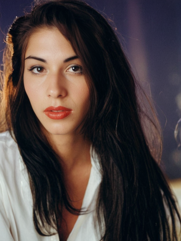 Jan3M4rie, Jane Marie, <lora:Jan3M4rie-sdxl:1>, 1girl, makeup, lips, long hair, dark hair, white blouse, portrait, solo, looking at viewer, bokeh, focus, film, velvia, artistic, best quality, photograph, focus, vintage, 90s, instant photo, 1993 instant photograph